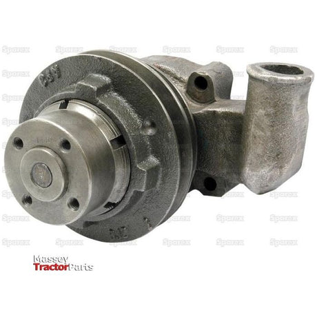 Image of a Water Pump Assembly (Supplied with Pulley) - S.61469 by Sparex, showcasing metal components including a circular flange and inlet/outlet pipe. The background features a repeating "Sparex" watermark, with an attached 10mm pulley for efficient operation.