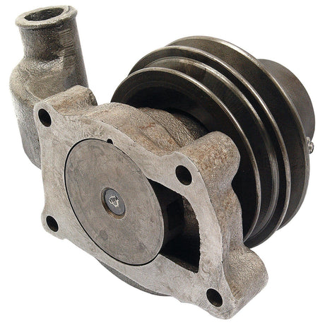 The Water Pump Assembly (Supplied with Pulley) - S.61469 by Sparex is a metal automotive water pump featuring a cast iron body, multiple circular Poly-Vee pulleys, and threaded holes for mounting bolts.