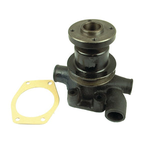 A Sparex Water Pump Assembly (Supplied with Pulley) with a black metal finish and a yellow gasket placed beside it on a white background, featuring a V-Style Pulley for reliable performance, identified by Sparex Part No.S.65014.