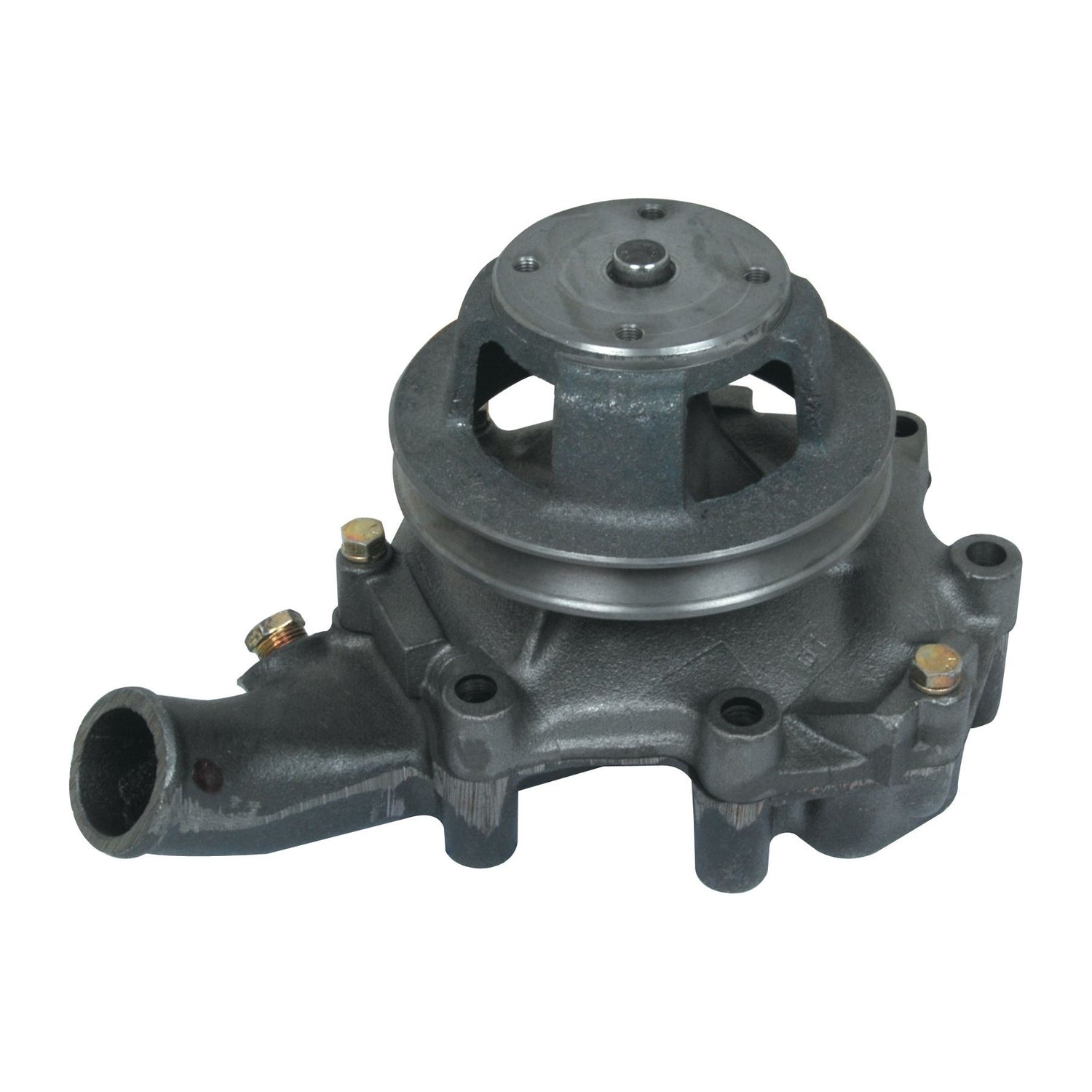 The Sparex Water Pump Assembly (Supplied with Pulley), part number S.65016, features an industrial machine part with a circular central hub, multiple mounting points, and a spout-like extension. It is specifically designed as a half pump housing that is compatible with Ford / New Holland equipment.