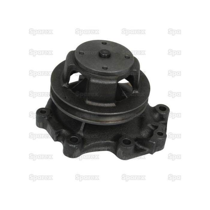 This Sparex Water Pump Assembly (S.65018), specifically designed for Ford New Holland, is a meticulously cast metal component featuring multiple mounting holes and includes a single groove half pump housing compatible with a V-style pulley.