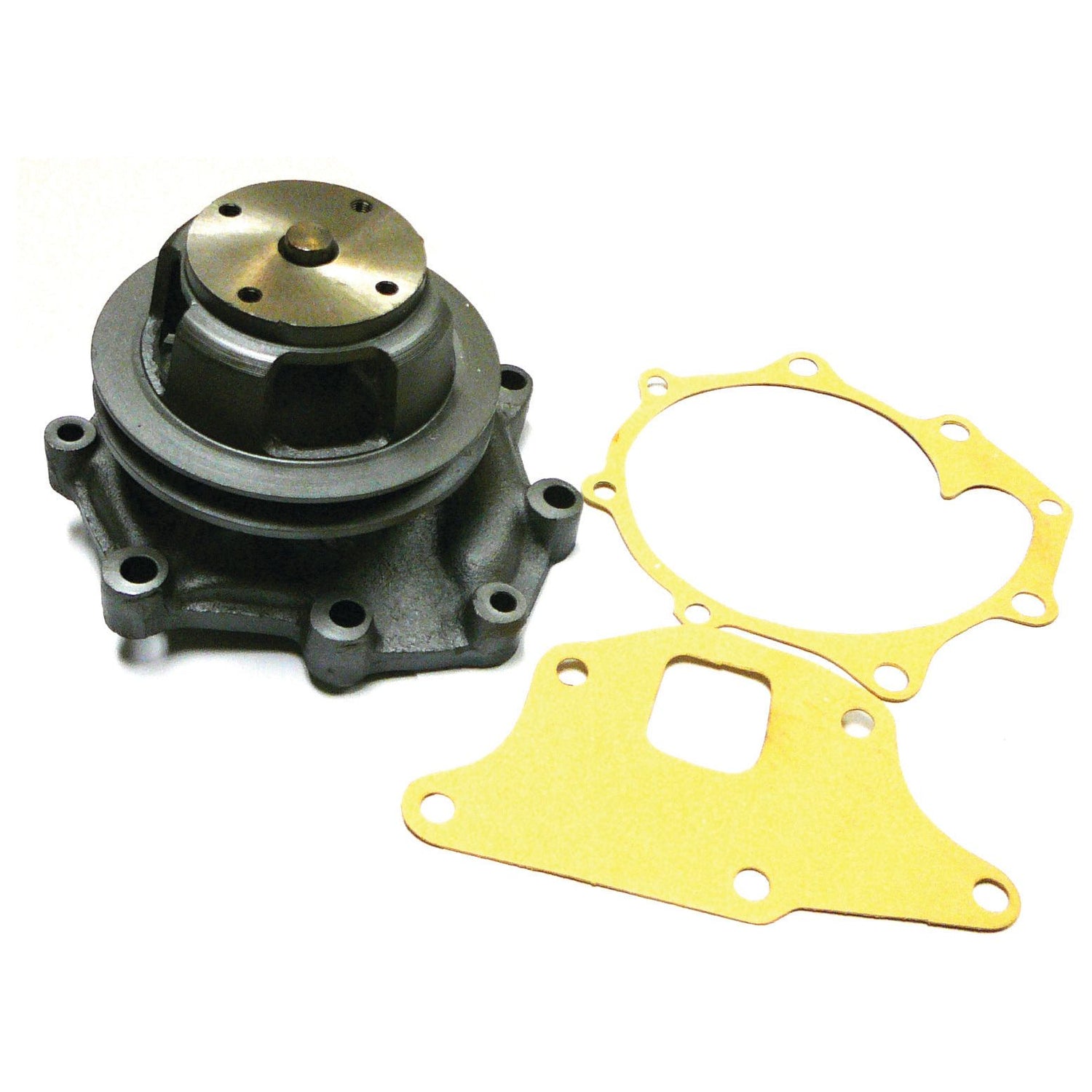 A Sparex Water Pump Assembly (S.65018) supplied with a pulley is displayed alongside two yellow gaskets of varying shapes and sizes, featuring a Single Groove Half Pump Housing designed for the Ford New Holland.