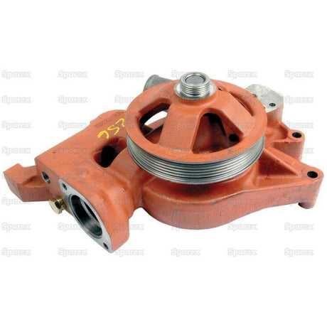 Image of a Water Pump Assembly (Supplied with Pulley) - S.67127 by Sparex, an orange industrial mechanical component featuring a Poly-Vee Pulley and several mounting points, commonly used in machinery.