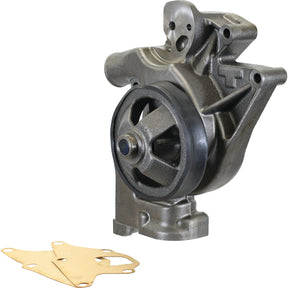 Image of a metallic Sparex Water Pump Assembly (Supplied with Pulley) - S.67128, accompanied by two yellow gaskets placed on the side.