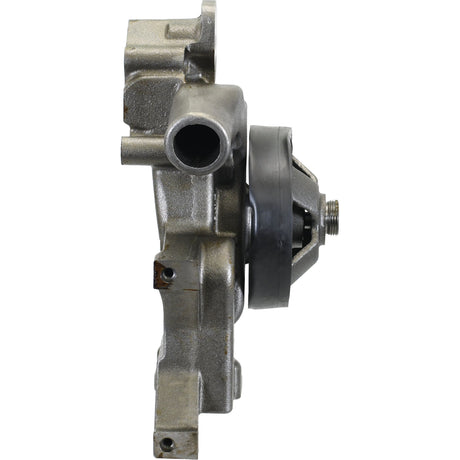 Side view of a metallic automotive part with a circular rubber component in the center, resembling the Sparex Water Pump Assembly (Supplied with Pulley) - S.67128.