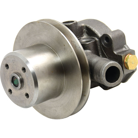 The Water Pump Assembly (Supplied with Pulley) - S.67401 by Sparex is a metallic automotive component that includes a central cylindrical section with multiple bolt holes and a smaller cylindrical extension on one side, resembling an impeller in design.