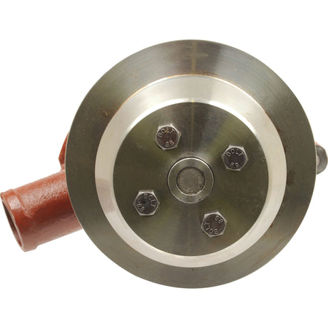 Close-up view of a metal industrial component featuring a circular top with three hex bolts and a central pin, attached to a red pipe fitting. This Sparex Water Pump Assembly (Supplied with Pulley), Part No. S.67402, integrates seamlessly within the setup.
