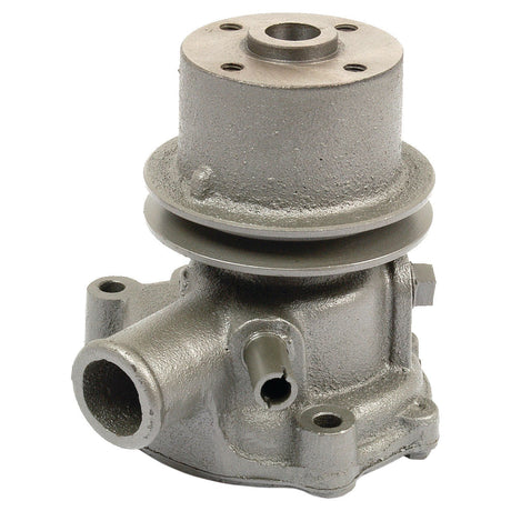 The Water Pump Assembly (Supplied with Pulley) - S.67682 by Sparex is an industrial metal component characterized by a cylindrical top and a larger base. The base, akin to that of a Half Pump Housing, features multiple holes and includes a protruding pipe.