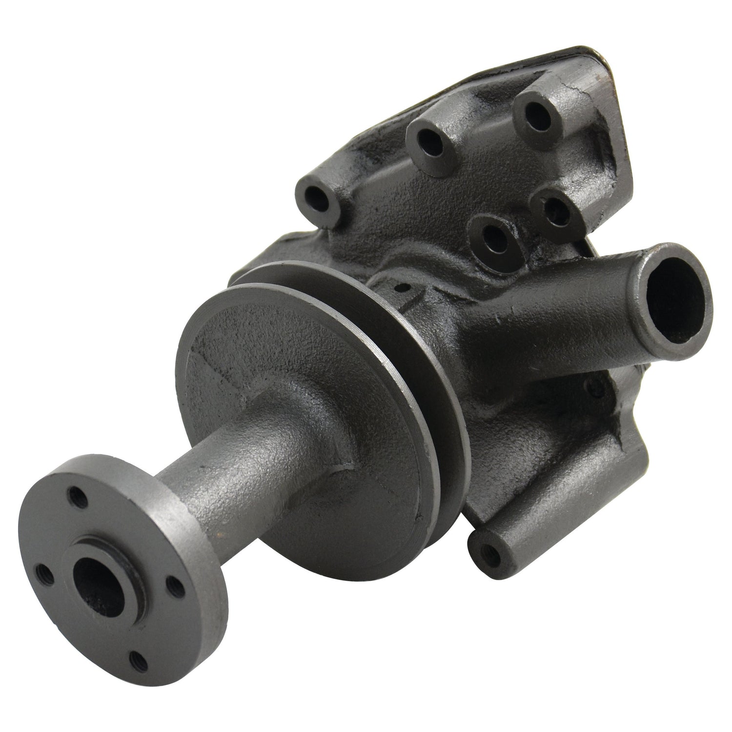 The Sparex Water Pump Assembly (Supplied with Pulley) - S.67833 is a grey metal automotive water pump featuring multiple connected ports, a flange at one end, and an impeller with a 70mm diameter.