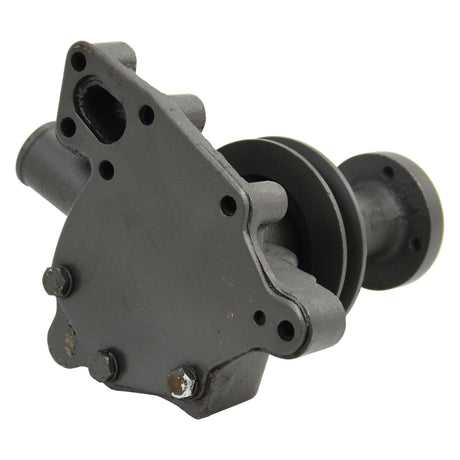 A Sparex Water Pump Assembly (Supplied with Pulley) - S.67833, equipped with a metal construction, V-Style Pulley, multiple bolt holes, and a mounting bracket is situated on a plain background.