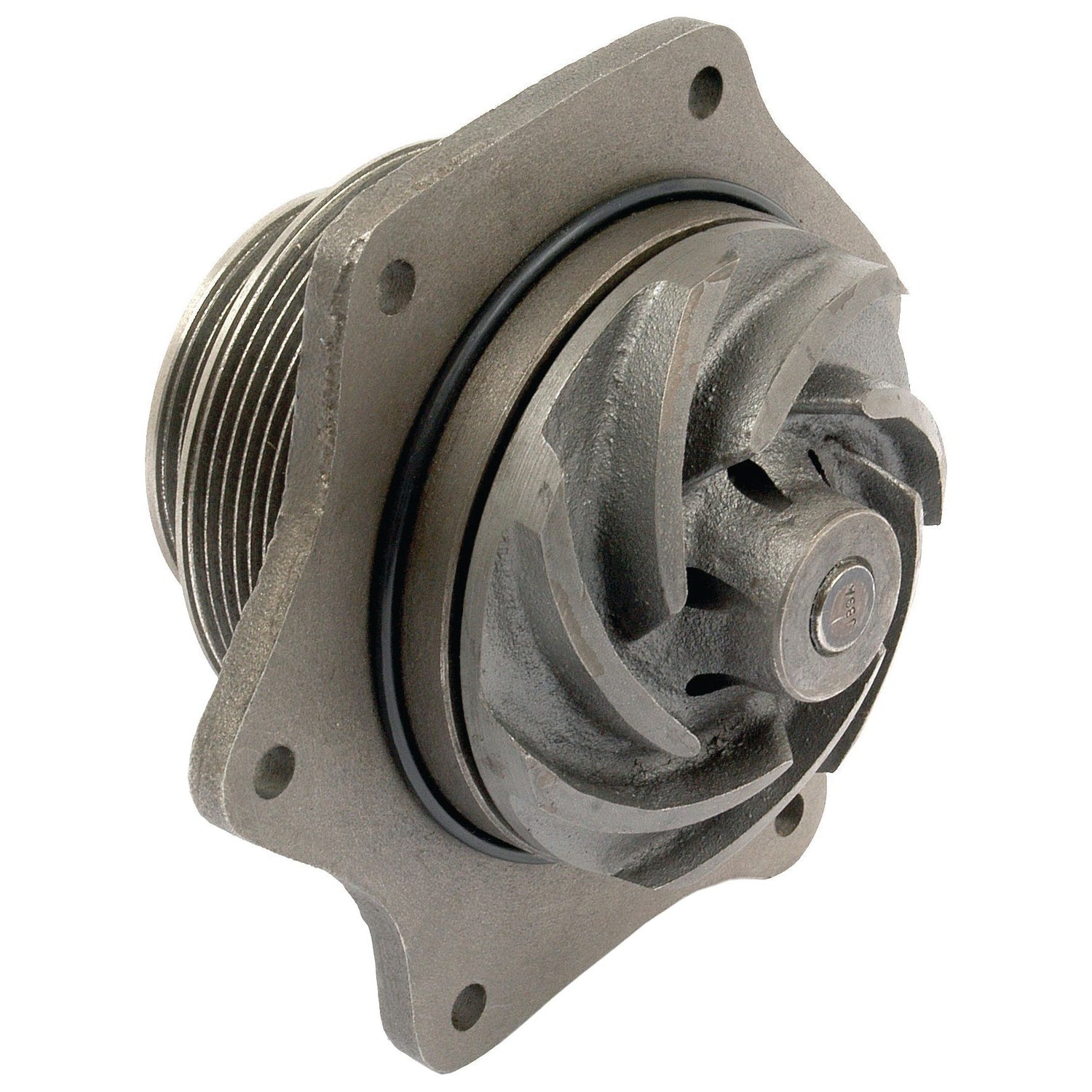 Close-up of a Sparex Water Pump Assembly (Supplied with Pulley) - Part No. S.67894, showcasing the visible impeller and mounting holes. The metal pump features a textured gray finish and includes a Poly-Vee Pulley, making it ideal for Case IH / International Harvester models.
