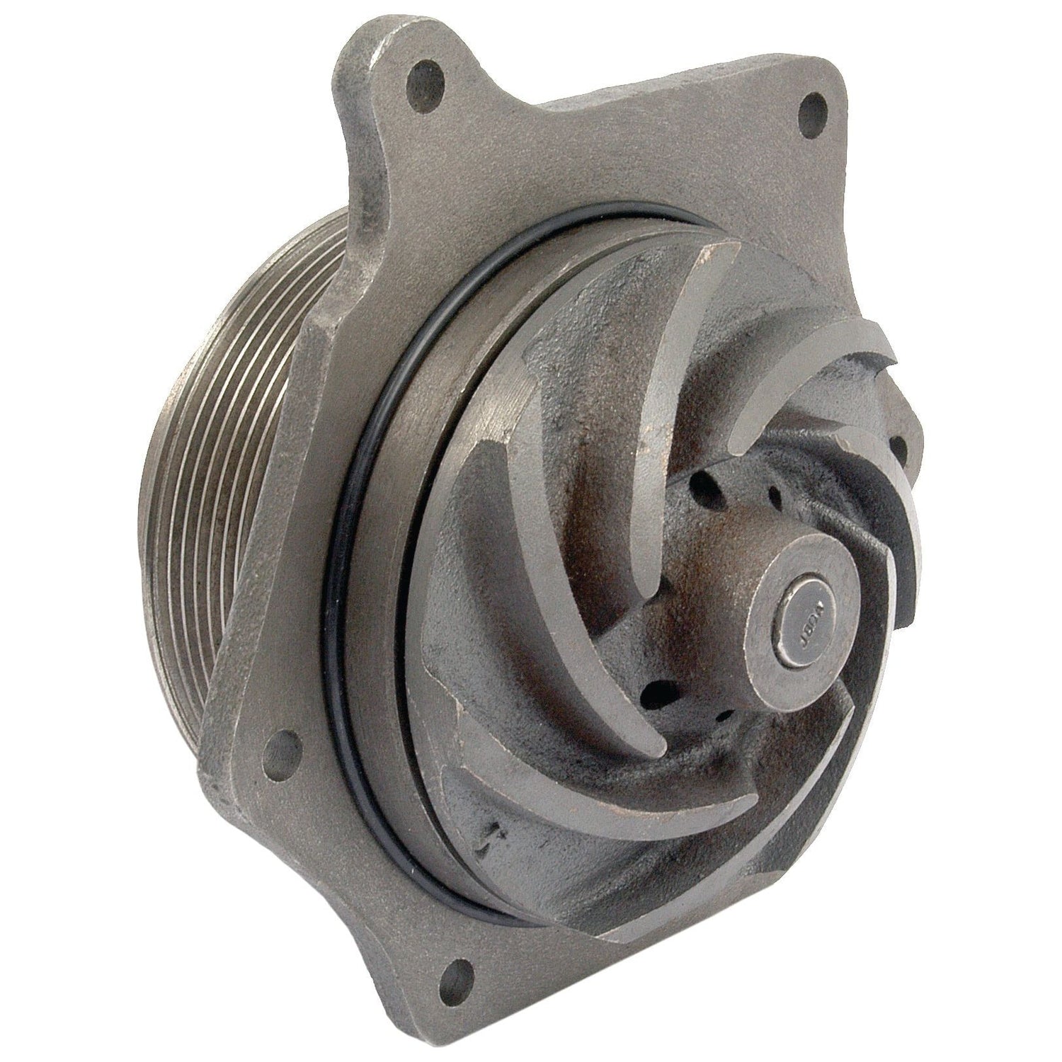 A close-up view of a metal pump impeller with a threaded fitting and multiple curved blades, alongside the Sparex Water Pump Assembly (Supplied with Pulley), Part No.S.67895 for efficient operation.