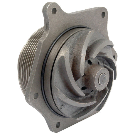 The Sparex Water Pump Assembly (Part No. S.67895) features a circular base, fins for fluid movement, and mounting holes. It is compatible with Case IH vehicles and includes a Poly-Vee Pulley, making it essential for vehicle cooling systems.