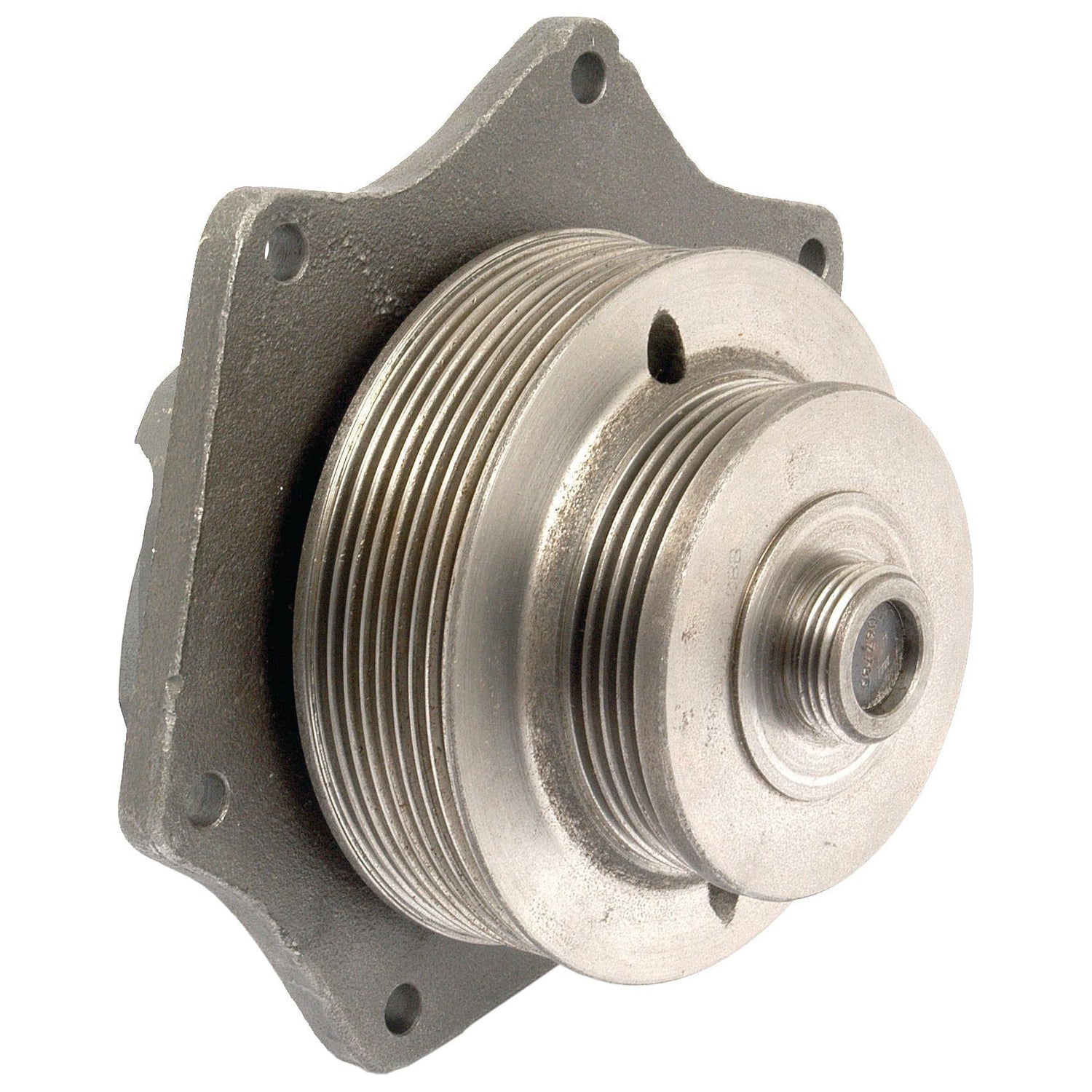 Close-up of the Sparex Water Pump Assembly (Supplied with Pulley) | Sparex Part No.S.67895, featuring a metal automotive part with a flange base and multiple circular grooves, designed for mechanical assembly.