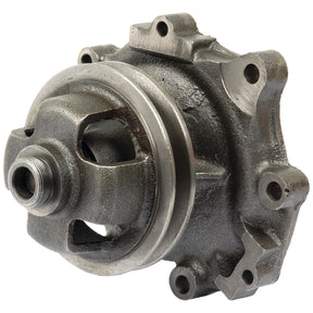 A gray metal automotive part with multiple bolt holes, protrusions, and a central threaded opening, resembling the Water Pump Assembly (Supplied with Pulley) - S.67951 by Sparex.