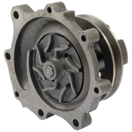 Image of the Sparex Water Pump Assembly (Supplied with Pulley) - S.67951, featuring a metal body, single groove impeller, and mounting holes, commonly used in automotive engines.