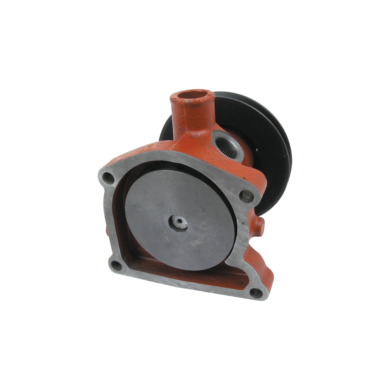 Image of a mechanical part, specifically the Water Pump Assembly (Supplied with Pulley) | Sparex Part No.S.68702, featuring a red casing and a central circular component with a V-Style Pulley compatible with Zetor 3320 tractors. Ideal for those in need of Sparex replacement parts.