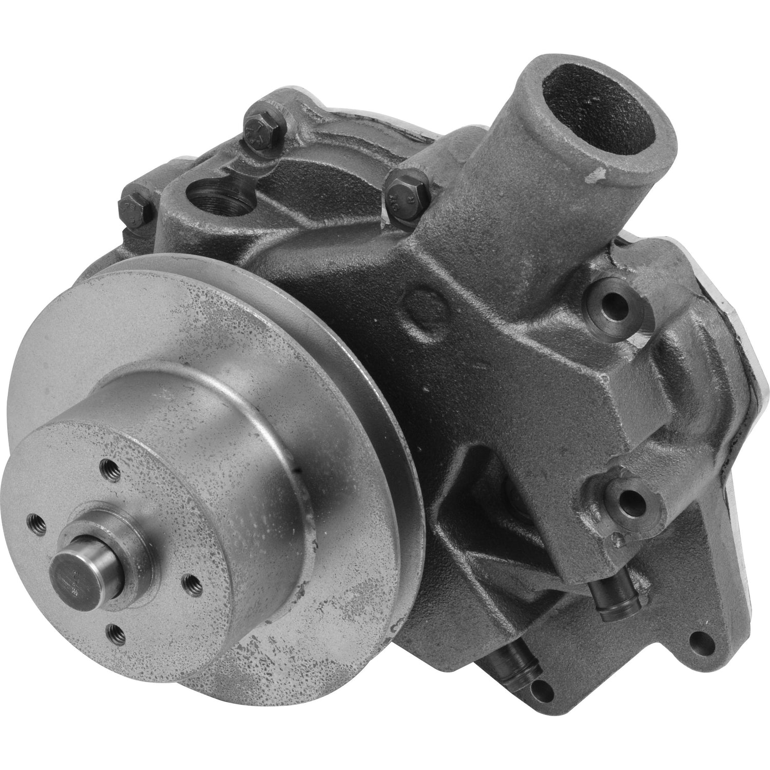 A Sparex Water Pump Assembly (Supplied with Pulley), compatible with John Deere machinery, features a durable metal construction, a V-Style Pulley, and multiple connection points. Sparex Part No.S.69160.