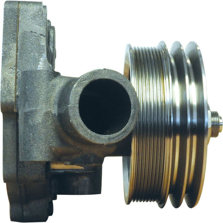 A close-up of a mechanical part featuring a cylindrical tube and a Spurax Water Pump Assembly (Supplied with Pulley), alongside a multi-grooved Poly-Vee Pulley, branded by Sparex as Part No. S.69308.
