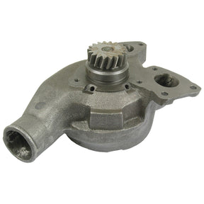 A Sparex Water Pump Assembly (Supplied with drive gear) - S.39884, is a metal automotive engine component featuring an impeller mechanism on top and a cylindrical outlet on one side.