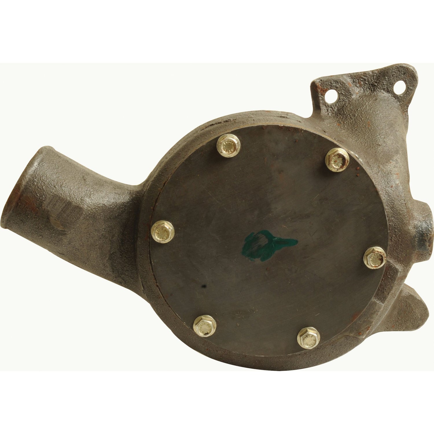 The Sparex Water Pump Assembly (Supplied with drive gear) - Part No. S.42316 features a robust metal construction, central circular section, six bolt heads, and an extending cylindrical pipe on the left side, evoking the classic design of vintage Perkins 1006 components.