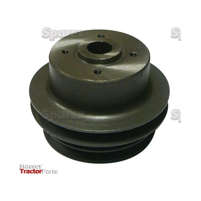 The Sparex Water Pump Pulley (Part No. S.60453) features a solid black finish and is designed for Massey Ferguson tractors, with two grooves and four circular bolt holes on the top surface.