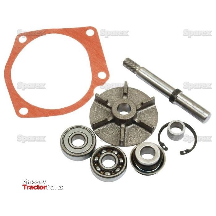 The Water Pump Repair Kit (Sparex Part No. S.40046) contains essential tractor parts such as a gasket, bearings, a shaft, and a metal component with six spokes. This spare parts assortment from Sparex is indispensable for maintaining your Massey Ferguson machinery and comes neatly arranged on a white background.