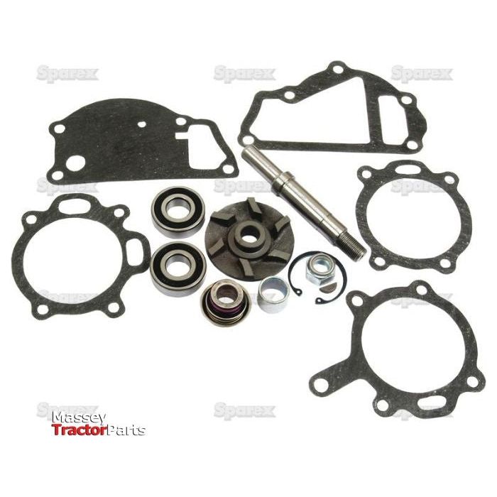 A Sparex Water Pump Repair Kit (Sparex Part No. S.40047), which includes gaskets, bearings, a shaft, and a fan component for Massey Ferguson tractor water pump repair, laid out on a white surface.