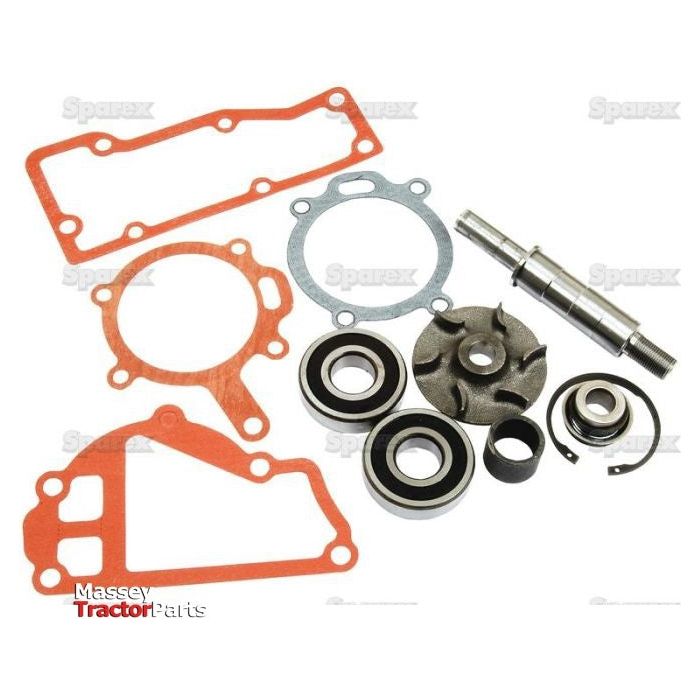 A collection of tractor engine parts, including gaskets, bearings, a spindle, and other components, labeled "Massey Tractor Parts," features Massey Ferguson and Perkins compatible items such as the Water Pump Repair Kit (Sparex Part No. S.41592) from Sparex.