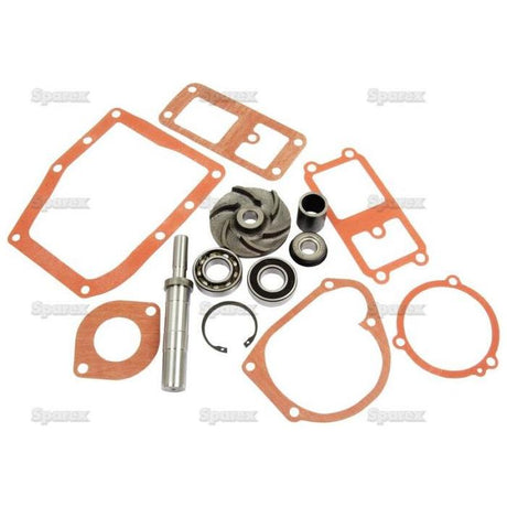 A Water Pump Repair Kit (Sparex Part No. S.41611), including gaskets, seals, bearings, and a metal rod, is arranged on a white background; it is likely used for repairing Massey Ferguson engines or machinery.