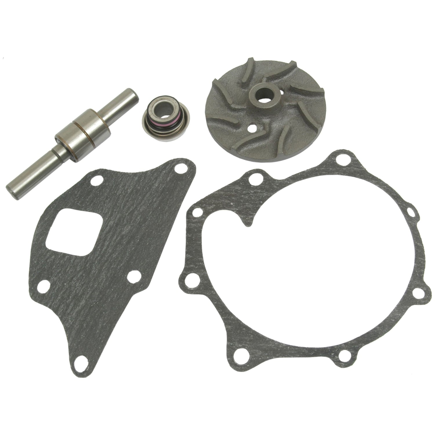 A Sparex Water Pump Repair Kit, Part No. S.65022, featuring mechanical components such as a grooved disk, a metal rod with bearings illustrating its bearing length, and gasket pieces, all arranged on a white background.