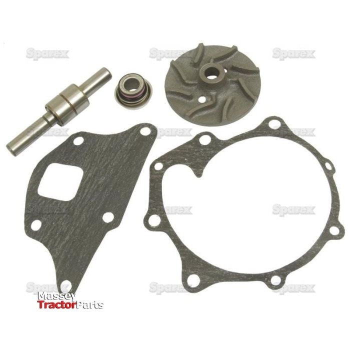 An assortment of tractor parts, including a gasket, ceramic seal shaft, bearing (with noted bearing length), impeller (highlighting impellor diameter), and gasket cover from the Water Pump Repair Kit | Sparex Part No. S.65022 by Sparex are laid out on a white background.