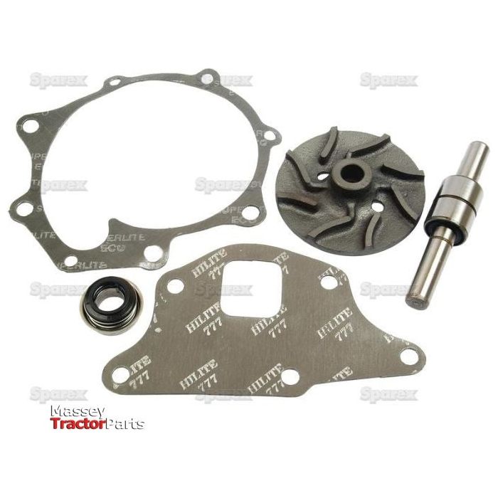 Water Pump Repair Kit (Sparex Part No. S.65024) for Massey Tractor, featuring a ceramic seal, gasket, impeller with specific diameter, and other essential components. The parts are displayed on a white background with "Sparex" and "Massey Tractor Parts" logos.