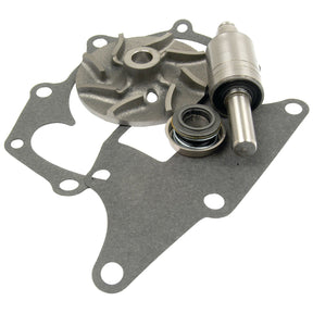 A set of metal automotive parts, specifically a gasket, an impeller with a specified diameter, and a bearing from the Water Pump Repair Kit (Sparex Part No.S.65025), are arranged on a white background.