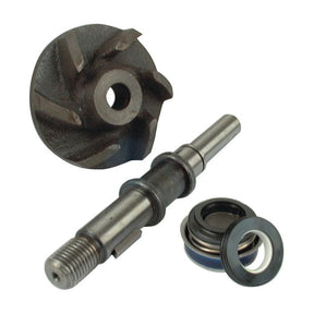 Metal mechanical parts including a turbine-like component, a shaft with threaded end, and a circular seal assembly from the Water Pump Repair Kit (Sparex Part No. S.70646) are displayed against a white background.