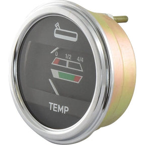 The Water Temperature & Fuel Gauge (Sparex Part No.S.61462) from Sparex features a round design with a metallic rim and a black face. It displays a graphical scale marked with segments 0, 1/2, and 4/4, with the temperature indicated in the center.