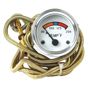 The Sparex Water Temperature Gauge (Sparex Part No. S.20385) features an analog dial displaying a temperature range from 90°F to 230°F, and is attached to coiled metallic tubing, making it perfect for use in Ford / New Holland DEXTA tractors.
