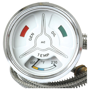 The Sparex Water Temperature Gauge (Part No. S.66847) is a round analog instrument displaying "GEN," "OIL," and "TEMP" with color-coded zones. The temperature scale ranges from 100°F to 230°F, and it features coiled wiring attached to the bottom. This gauge offers a clear, temperature-illuminated display ideal for Ford/New Holland equipment.