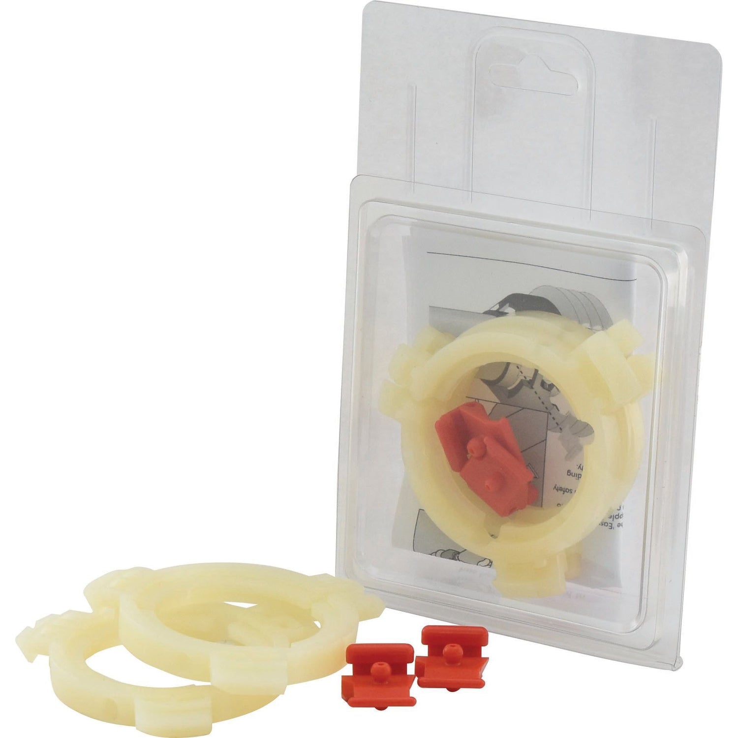 A packaged set containing two off-white plastic rings and two red plastic clips, labeled *SPECIAL PRICE* - EASYLOCK BEARINGS 2x50mm MED | Sparex Part No.S.59631 from JMCE DEALS, with Agripak instructions visible in the background.