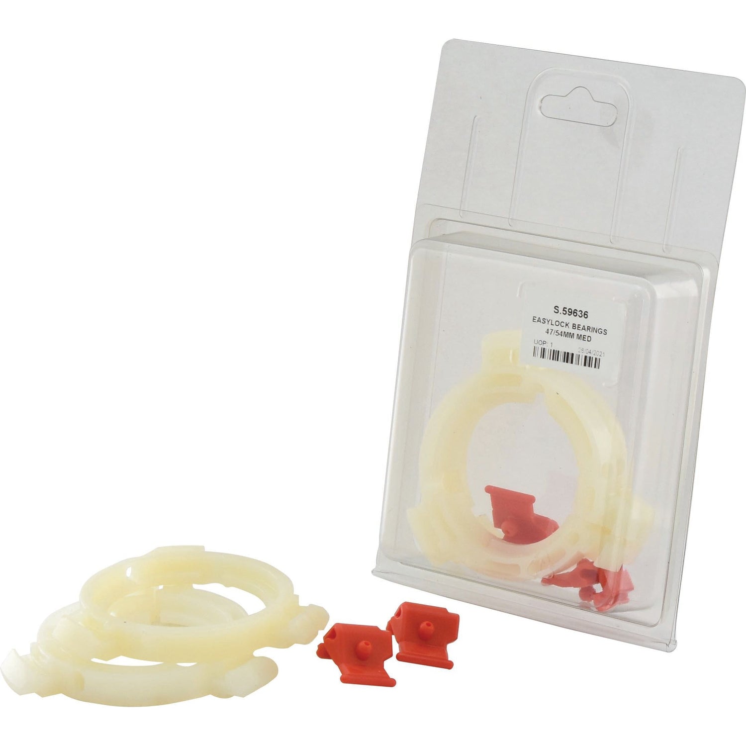 Package containing Sparex EASYLOCK BEARINGS 47/54MM MED and red plastic components, with two white rings and four red connectors placed outside the packaging. This Weasler setup includes Sparex Part No. S.59636 for effortless assembly.