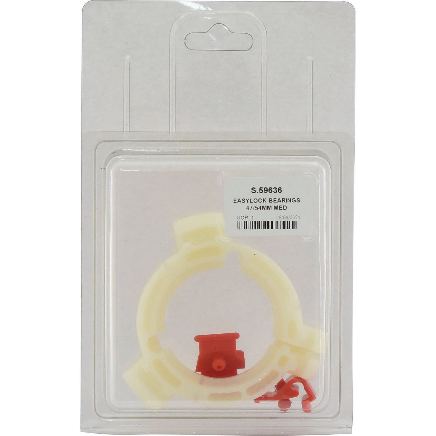 A plastic package containing a circular white Easylock bearing and red components. The label identifies the product as "Sparex EASYLOCK BEARINGS 47/54MM MED" with a barcode and product number S.59636.