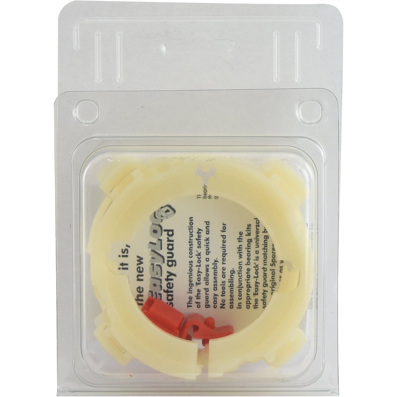 Packaged plastic safety guard with an attached red clip, secured in a transparent plastic casing, featuring Weasler's innovative PTO EasyLock Guard Rings, available as EASYLOCK BEARINGS 68/80MM X-L - Weasler | Sparex Part No.S.59639 from Sparex.