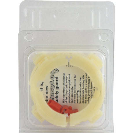 Packaged plastic safety guard with an attached red clip, secured in a transparent plastic casing, featuring Weasler's innovative PTO EasyLock Guard Rings, available as EASYLOCK BEARINGS 68/80MM X-L - Weasler | Sparex Part No.S.59639 from Sparex.