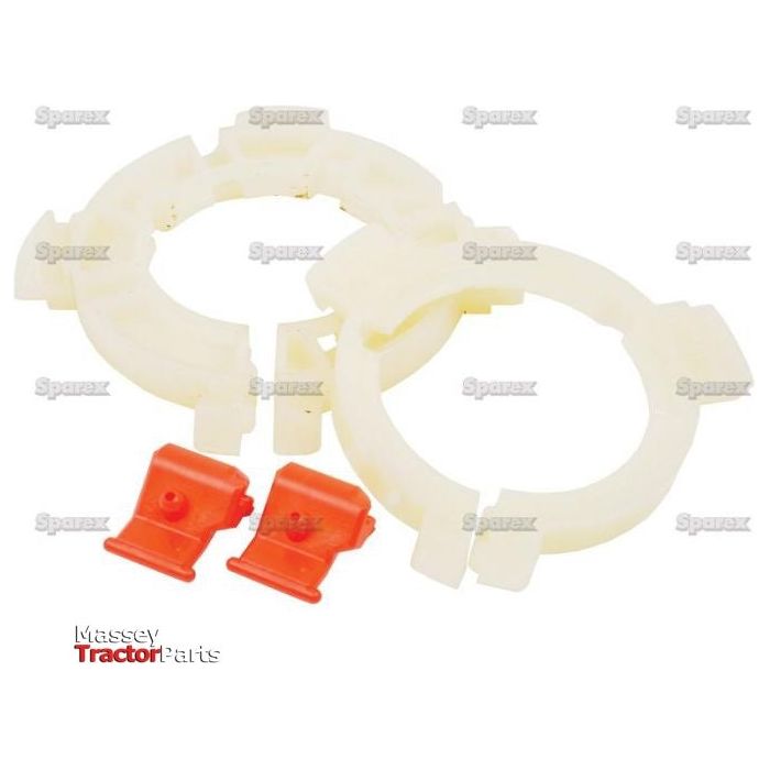 The image depicts two white plastic rings labeled as EASYLOCK B/RINGS WEASLER A4W/A (Sparex Part No. S.26360) and two small red plastic clips. The background is white, featuring the branding "Sparex" and "Massey Tractor Parts.