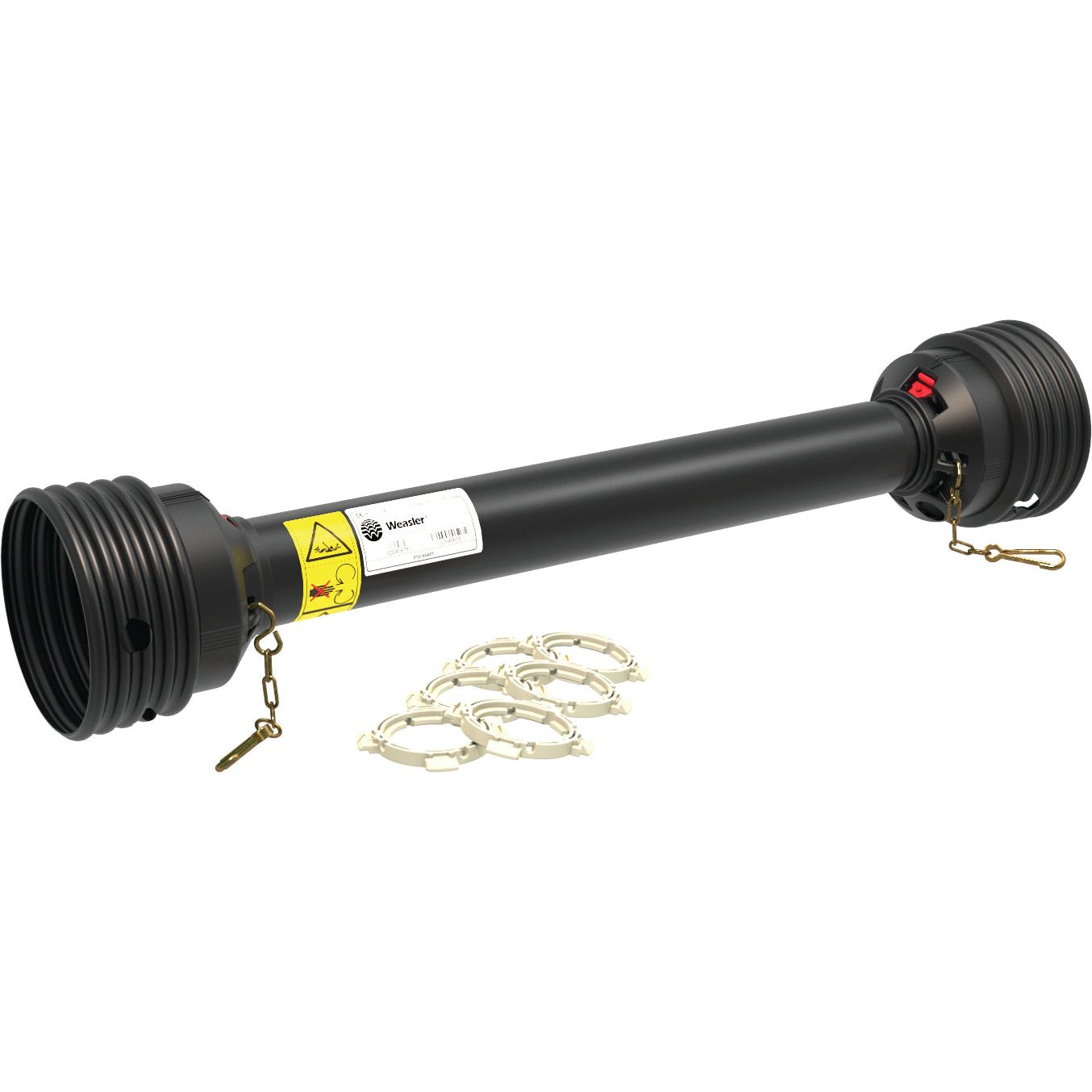 The Sparex PTO Complete Guard Kit (S.59662) features a black cylindrical torque-limiting driveline with two large threaded ends, warning labels, and gold-colored safety chains on a white background. This German and Italian type shaft guarantees robust performance with its Easy-Lock mechanism, ensuring enhanced safety. The kit is sized small and measures 1310mm in length.