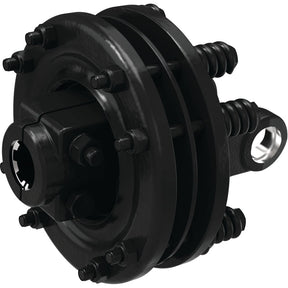 A close-up view of a Sparex PTO Friction Clutch (U/J Size: 35 x 94mm) Size: 1 3/8''-6 Spline - S.6738, featuring multiple bolts, springs, and a circular, black metallic structure designed to handle high torque (Nm).