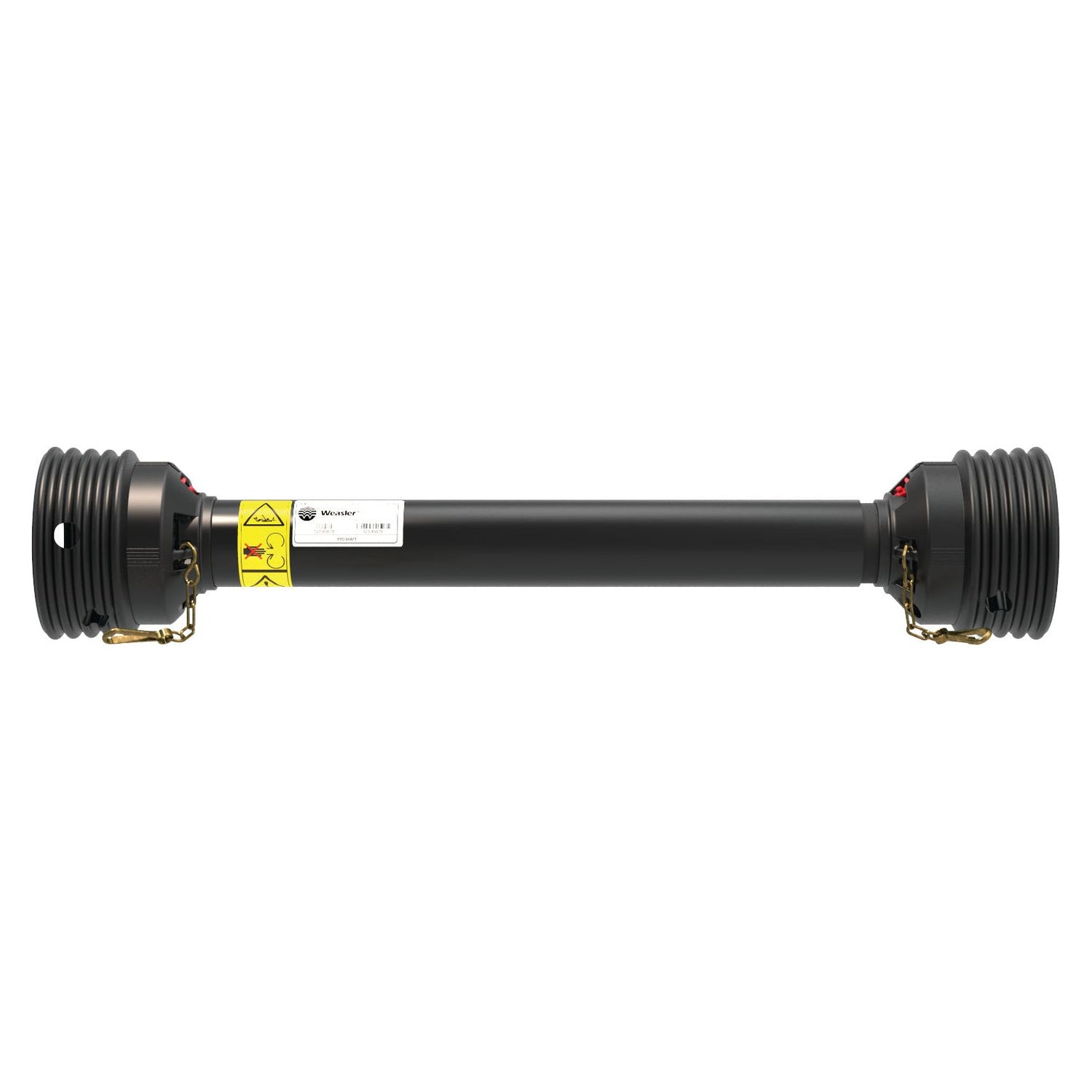 Image of a black PTO driveline shaft featuring two protective covers and safety chains on either end, complete with a yellow safety warning label in the center. The extra-large Sparex PTO Guard - Easylock (Lz) 1510mm, Size: Extra Large (Sparex Part No.S.59623), ensures added safety during operation.