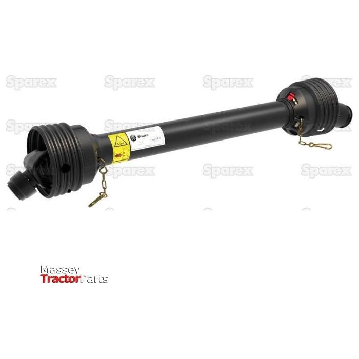 A black Weasler PTO Shaft (Lz) with a length of 1210mm, featuring a 1 3/8'' x 6 Spline Q.R. to 1 3/8'' x 6 Spline Overrunning Clutch (Clockwise), branded by Massey Tractor Parts. This shaft includes two protective covers on each end and a connecting segment in the middle, compatible with PTO Series models up to 52HP. The background is watermarked with the text "Sparex.