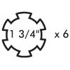 Diagram of a six-pronged shape next to the text "1 3/4'' x 6," indicating a measurement, commonly found in PTO Series components like the PTO Yoke - Quick Release (U/J Size: 35 x 94mm) Spline from Sparex, Part No. S.7529.