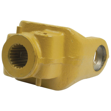 The PTO Yoke - Quick Release by Sparex (Sparex Part No. S.7562) is a yellow metal mechanical component featuring a notched circular opening on one end and a smooth circular hole on the other, designed to be compatible with Walterscheid AW26/W2600 Universal Joint systems. Its dimensions are 42 x 104mm with a size of 1 3/8''-21 spline.

